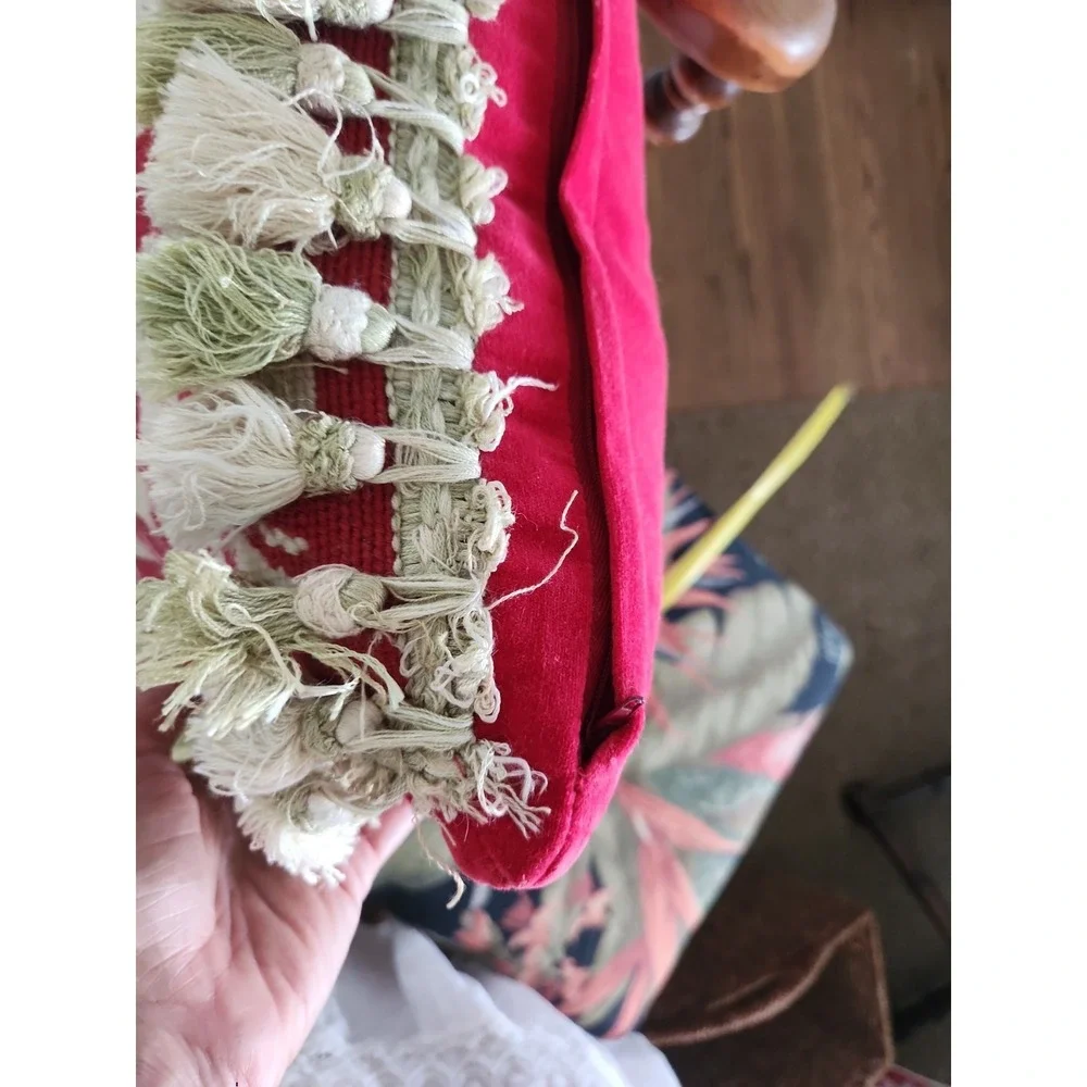 Beige Red Sage Green Tapestry Needlepoint Throw Pillow 12x12 Zipper Tassel Trim
